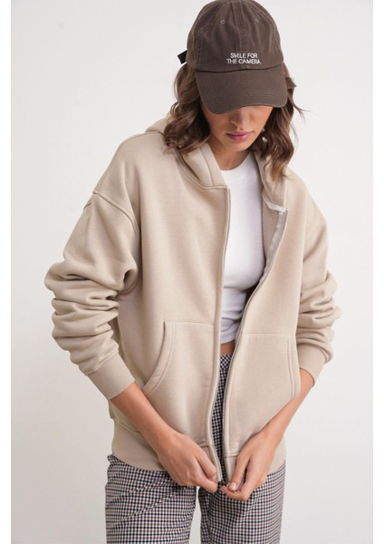 2023 Unisex 3iplik Basic Polarlı Fermuarlı Sweatshirt Hoodie Bej modelleri