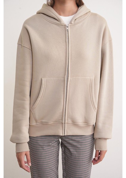 2023 Unisex 3iplik Basic Polarlı Fermuarlı Sweatshirt Hoodie Bej indirimleri