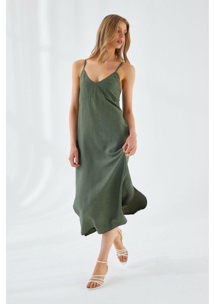 4252 Kadın Ip Askılı V Yaka Elbise Haki fiyatları