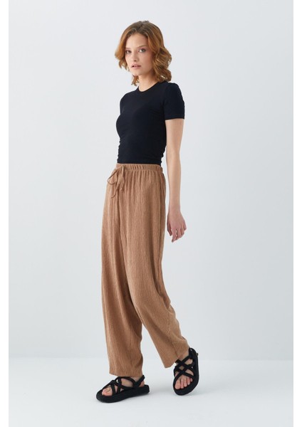 4584 Kadın Beli Lastikli Örme Şalvar Pantolon Vizon