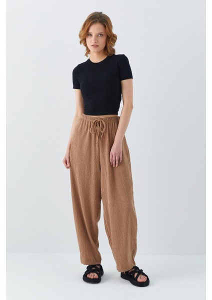 4584 Kadın Beli Lastikli Örme Şalvar Pantolon Vizon modelleri