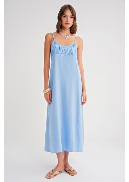 4742 Kadın Ip Askılı Büzgü Detaylı Midi Elbise Bebe Mavi