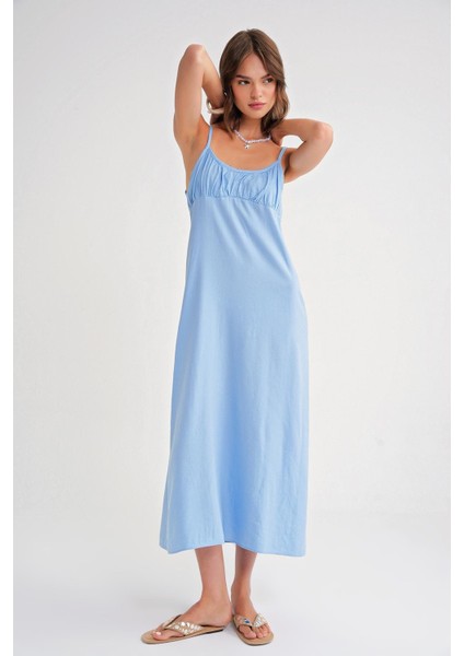 4742 Kadın Ip Askılı Büzgü Detaylı Midi Elbise Bebe Mavi fiyatları