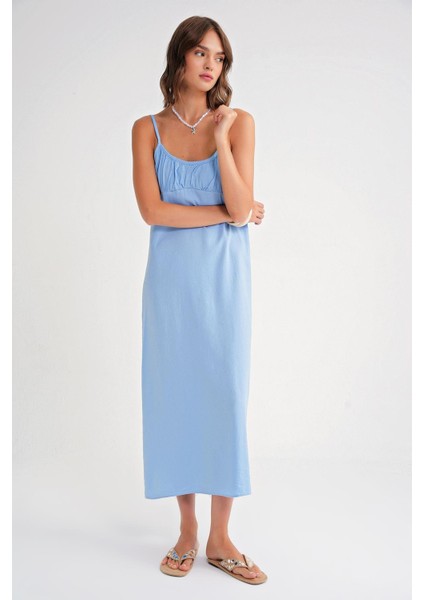 4742 Kadın Ip Askılı Büzgü Detaylı Midi Elbise Bebe Mavi modelleri