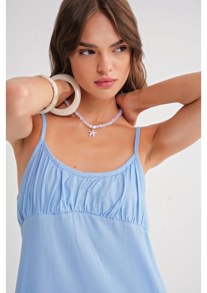 4742 Kadın Ip Askılı Büzgü Detaylı Midi Elbise Bebe Mavi fırsatları