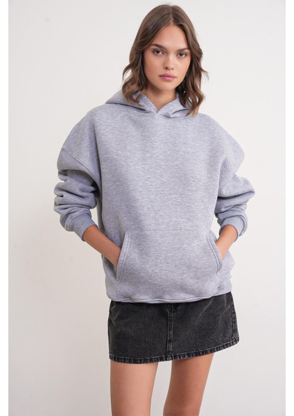 2022 Unisex 3iplik Basic Polarlı Kapüşonlu Sweatshirt Hoodie Gri