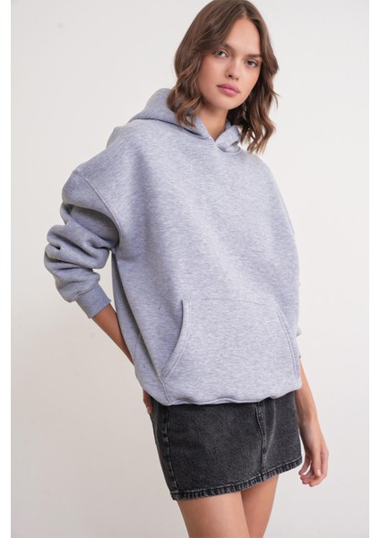 2022 Unisex 3iplik Basic Polarlı Kapüşonlu Sweatshirt Hoodie Gri modelleri