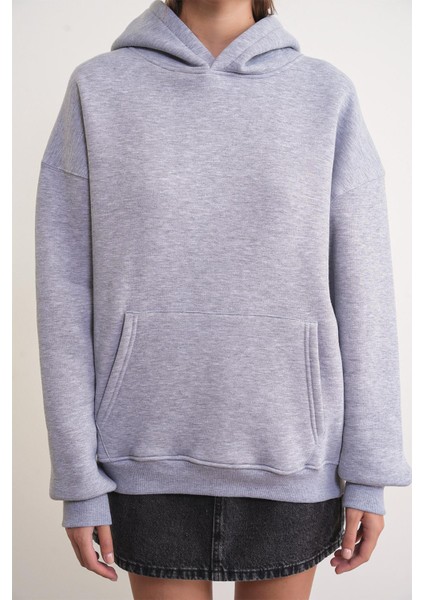 2022 Unisex 3iplik Basic Polarlı Kapüşonlu Sweatshirt Hoodie Gri indirimleri