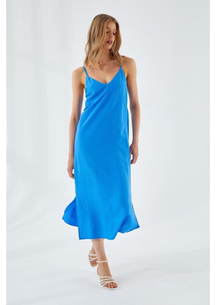 4252 Kadın Ip Askılı V Yaka Elbise Saks Mavi fiyatları
