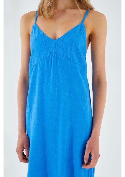 4252 Kadın Ip Askılı V Yaka Elbise Saks Mavi fırsatları