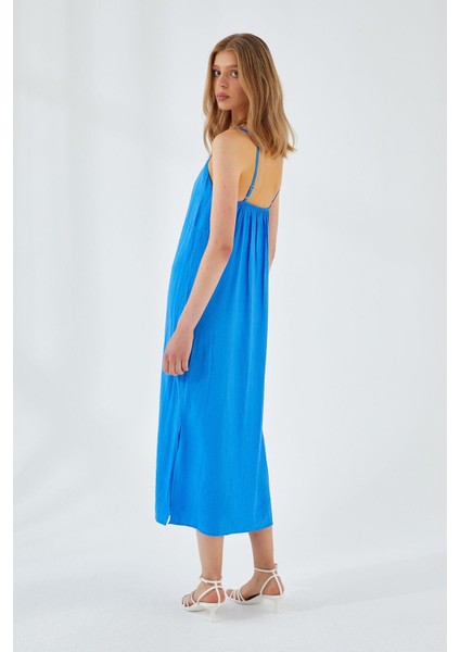 4252 Kadın Ip Askılı V Yaka Elbise Saks Mavi indirimleri