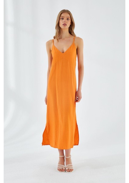 4252 Kadın Ip Askılı V Yaka Elbise Turuncu