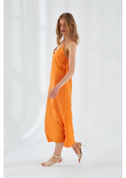 4252 Kadın Ip Askılı V Yaka Elbise Turuncu fiyatları