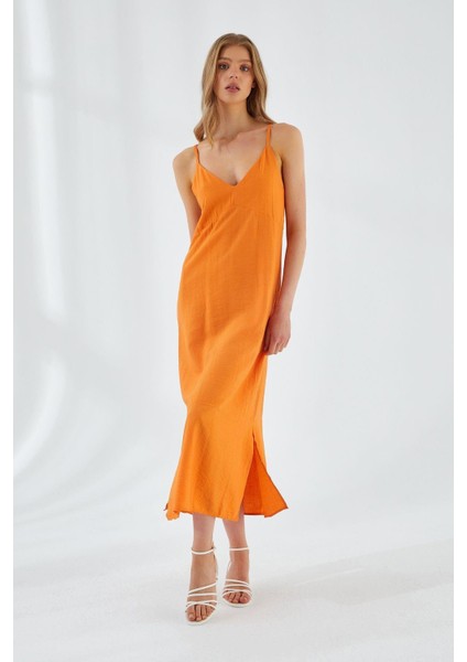 4252 Kadın Ip Askılı V Yaka Elbise Turuncu modelleri