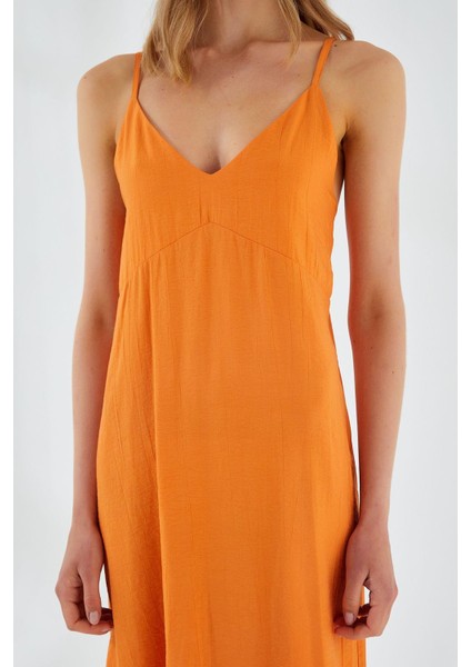 4252 Kadın Ip Askılı V Yaka Elbise Turuncu fırsatları