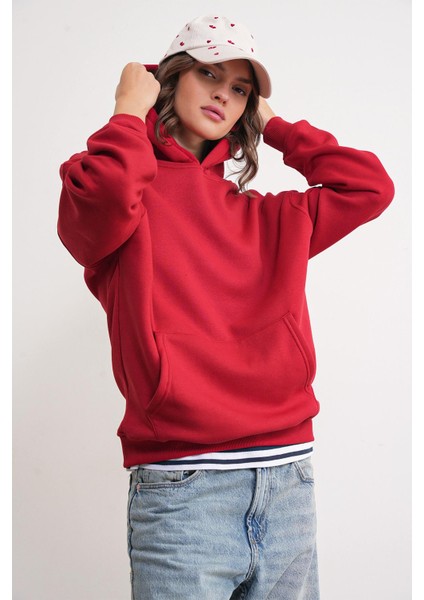 2022 Unisex 3iplik Basic Polarlı Kapüşonlu Sweatshirt Hoodie Kırmızı