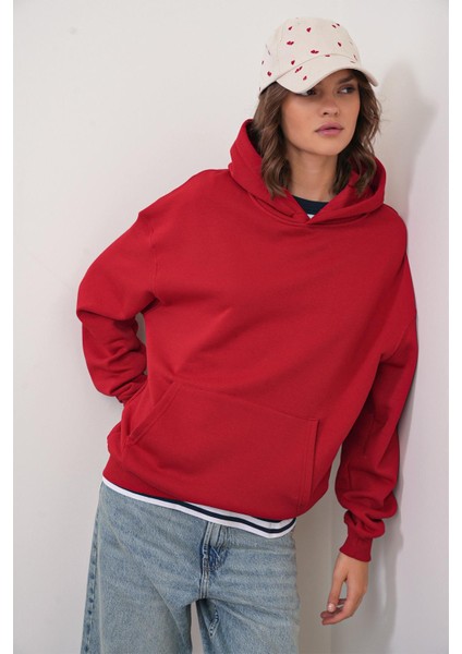 2022 Unisex 3iplik Basic Polarlı Kapüşonlu Sweatshirt Hoodie Kırmızı modelleri