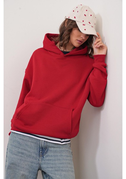 2022 Unisex 3iplik Basic Polarlı Kapüşonlu Sweatshirt Hoodie Kırmızı fırsatları