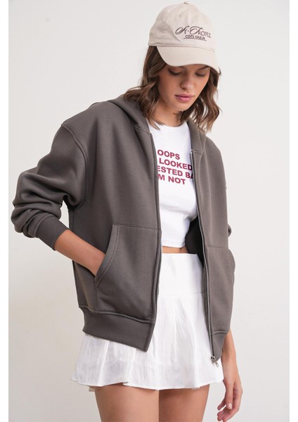 2023 Unisex 3iplik Basic Polarlı Fermuarlı Sweatshirt Hoodie Antrasit