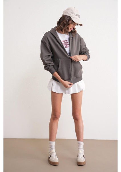 2023 Unisex 3iplik Basic Polarlı Fermuarlı Sweatshirt Hoodie Antrasit fiyatları