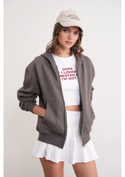 2023 Unisex 3iplik Basic Polarlı Fermuarlı Sweatshirt Hoodie Antrasit modelleri