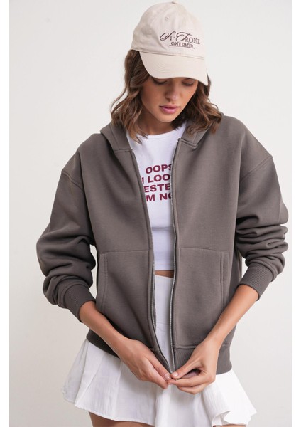 2023 Unisex 3iplik Basic Polarlı Fermuarlı Sweatshirt Hoodie Antrasit fırsatları