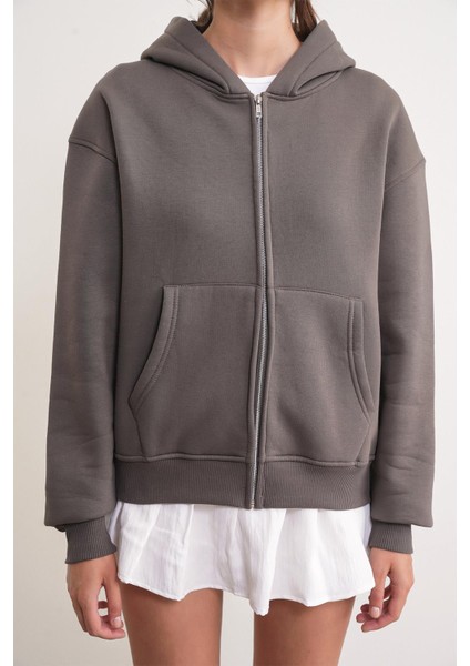 2023 Unisex 3iplik Basic Polarlı Fermuarlı Sweatshirt Hoodie Antrasit indirimleri