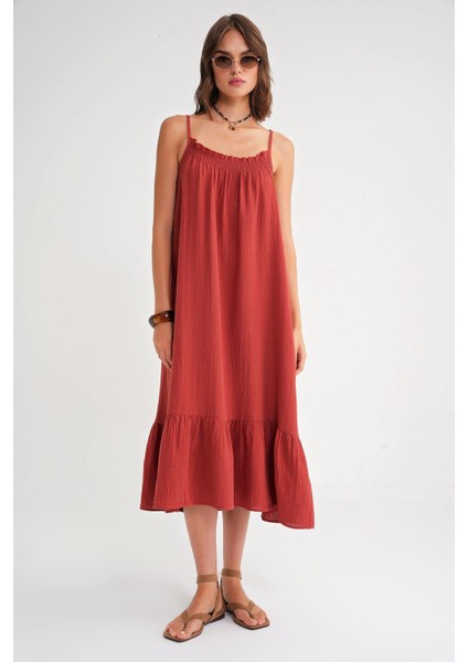 4740 Kadın Askılı Müslin Midi Elbise Kiremit