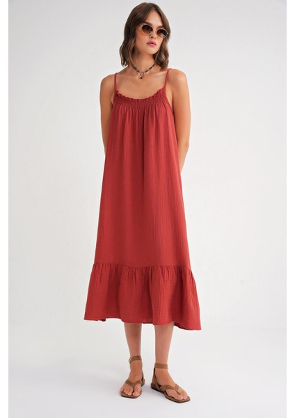 4740 Kadın Askılı Müslin Midi Elbise Kiremit fiyatları