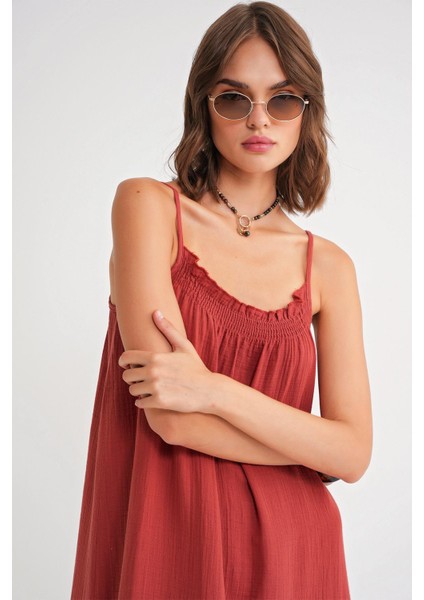 4740 Kadın Askılı Müslin Midi Elbise Kiremit modelleri