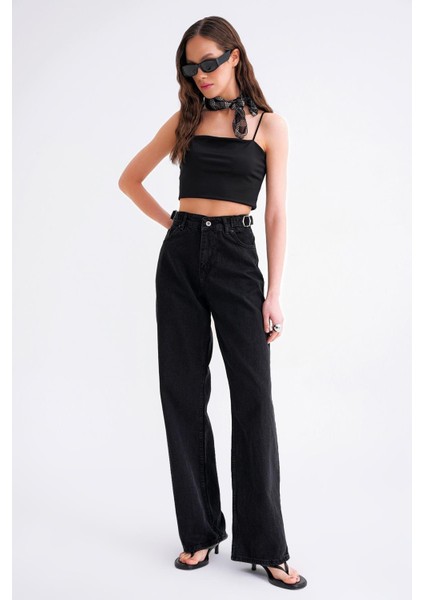 2006 Kadın Yandan Tokalı Geniş Paça Rahat Baggy Jean Siyah