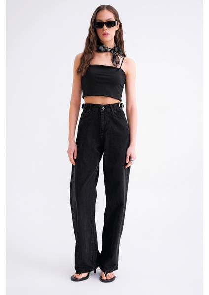 2006 Kadın Yandan Tokalı Geniş Paça Rahat Baggy Jean Siyah fiyatları