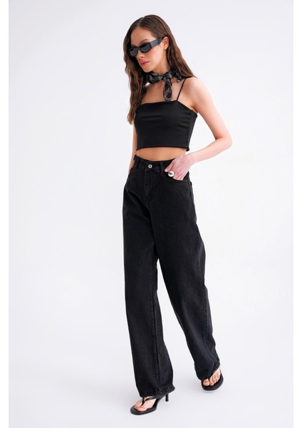 2006 Kadın Yandan Tokalı Geniş Paça Rahat Baggy Jean Siyah modelleri