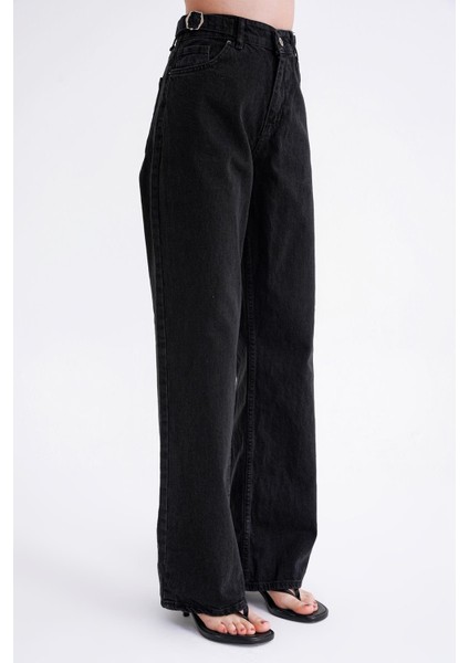 2006 Kadın Yandan Tokalı Geniş Paça Rahat Baggy Jean Siyah indirimleri
