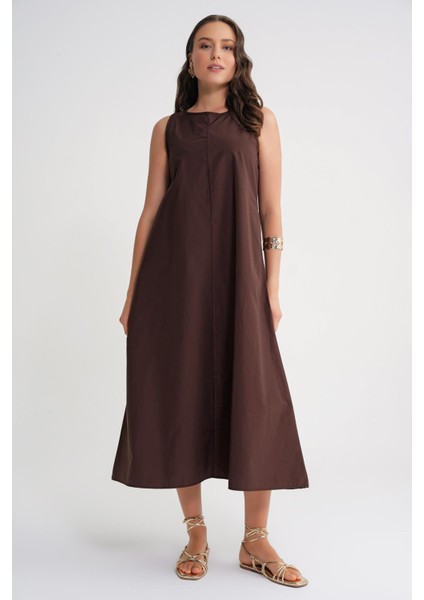 4690 Kadın Bisiklet Yaka Sıfır Kol Midi Paraşüt Elbise Kahve