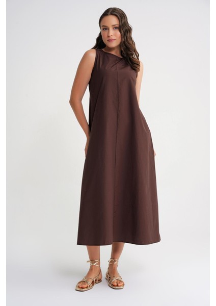 4690 Kadın Bisiklet Yaka Sıfır Kol Midi Paraşüt Elbise Kahve fırsatları