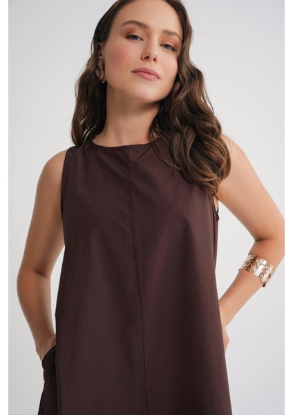 4690 Kadın Bisiklet Yaka Sıfır Kol Midi Paraşüt Elbise Kahve indirimleri