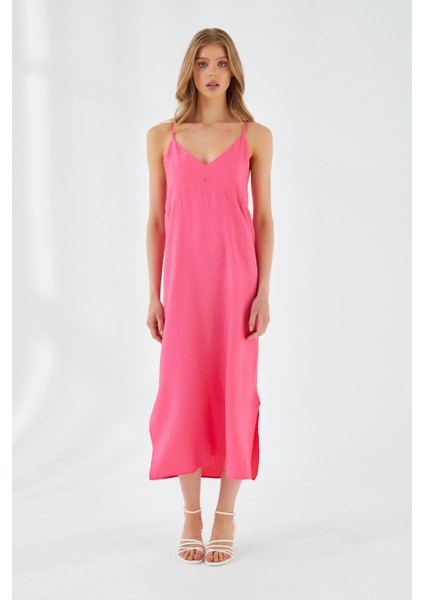 4252 Kadın Ip Askılı V Yaka Elbise Fuşya