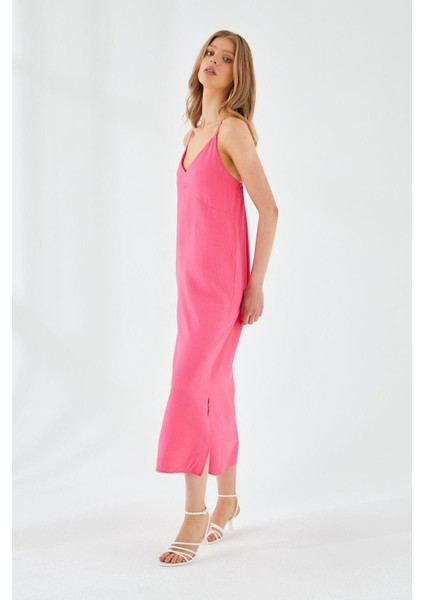 4252 Kadın Ip Askılı V Yaka Elbise Fuşya fiyatları