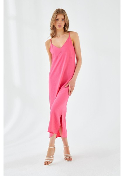 4252 Kadın Ip Askılı V Yaka Elbise Fuşya modelleri