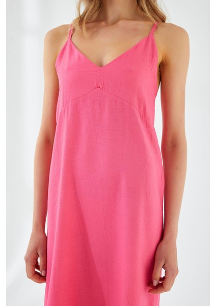 4252 Kadın Ip Askılı V Yaka Elbise Fuşya fırsatları