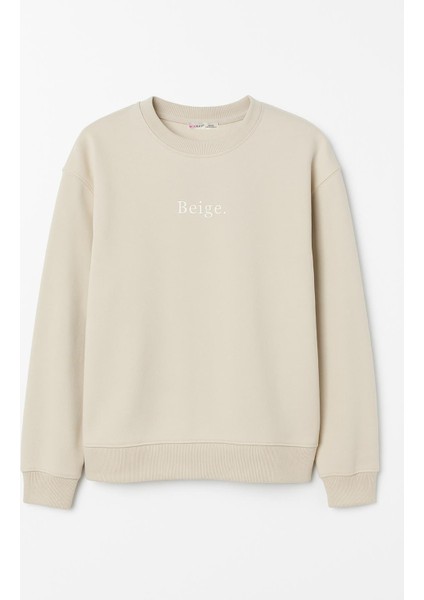 2019 Kadın Baskılı 3 Iplik Bisiklet Yaka Sweatshirt Bej