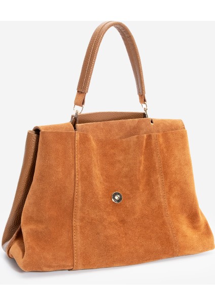 Kadın Hakiki Deri Fermuarlı Çıkabilen İç Cepli El ve Omuz Çantası Ornis Taba Süet