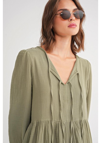 4739 Kadın Yakası Bağlamalı Müslin Midi Elbise Çağla fırsatları