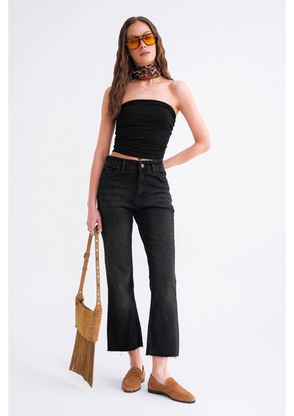 2007 Kadın Crop Ispanyol Paça Likralı Vintage Jean Pantolon Siyah fiyatları