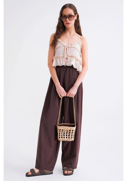 4682 Kadın Beli Lastikli Jogger Bol Keten Pantolon Kahve fiyatları