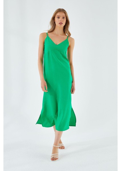 4252 Kadın Ip Askılı V Yaka Elbise Yeşil modelleri