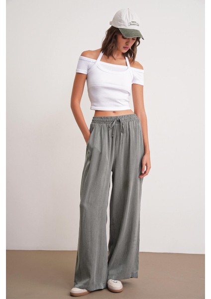 4697 Kadın Eskitme Bağcıklı Saten Bol Paça Palazzo Pantolon Haki