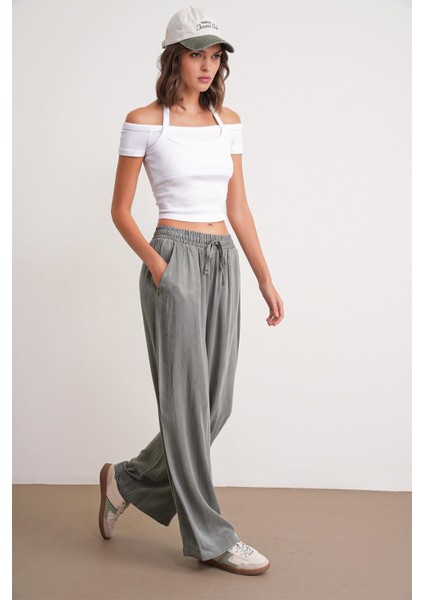 4697 Kadın Eskitme Bağcıklı Saten Bol Paça Palazzo Pantolon Haki modelleri
