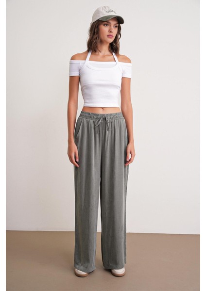 4697 Kadın Eskitme Bağcıklı Saten Bol Paça Palazzo Pantolon Haki fırsatları